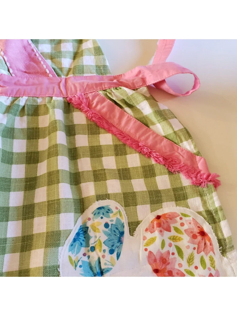 Happy Easter Cotton Bib Apron Green Check Pink Trim Embroidered Kitchen Cook